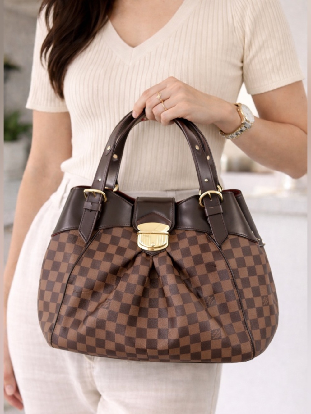 Louis Vuitton Sistina GM Damier Ebene Shoulder Bag Brown LV Canvas Gold Clasp - Picture 1 of 14